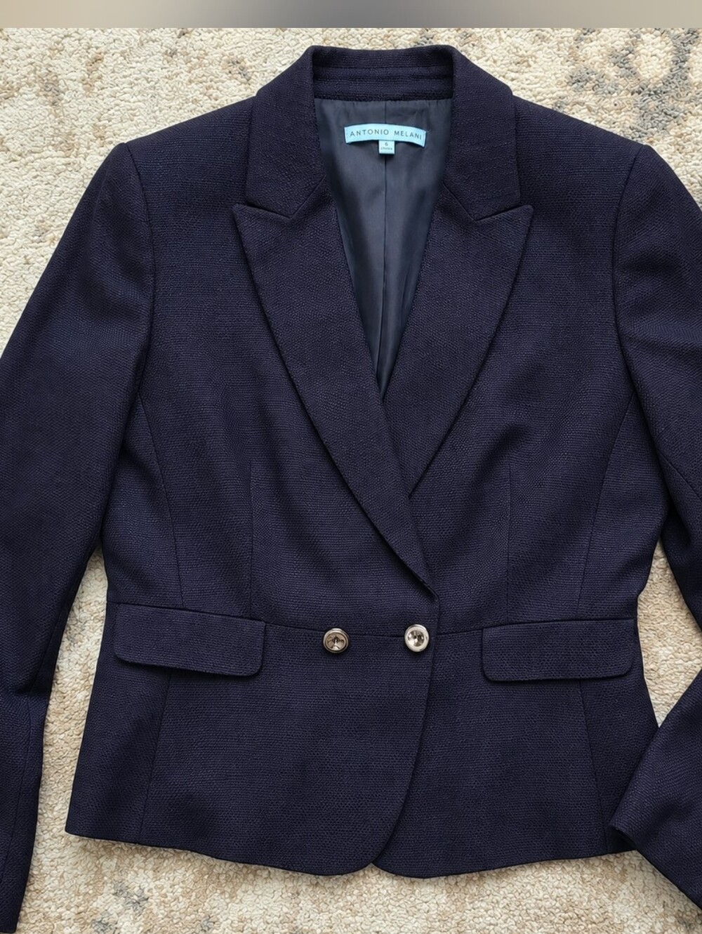 Antonio Melani Navy Textured Tailored Blazer Size 6 | Quiet Luxury